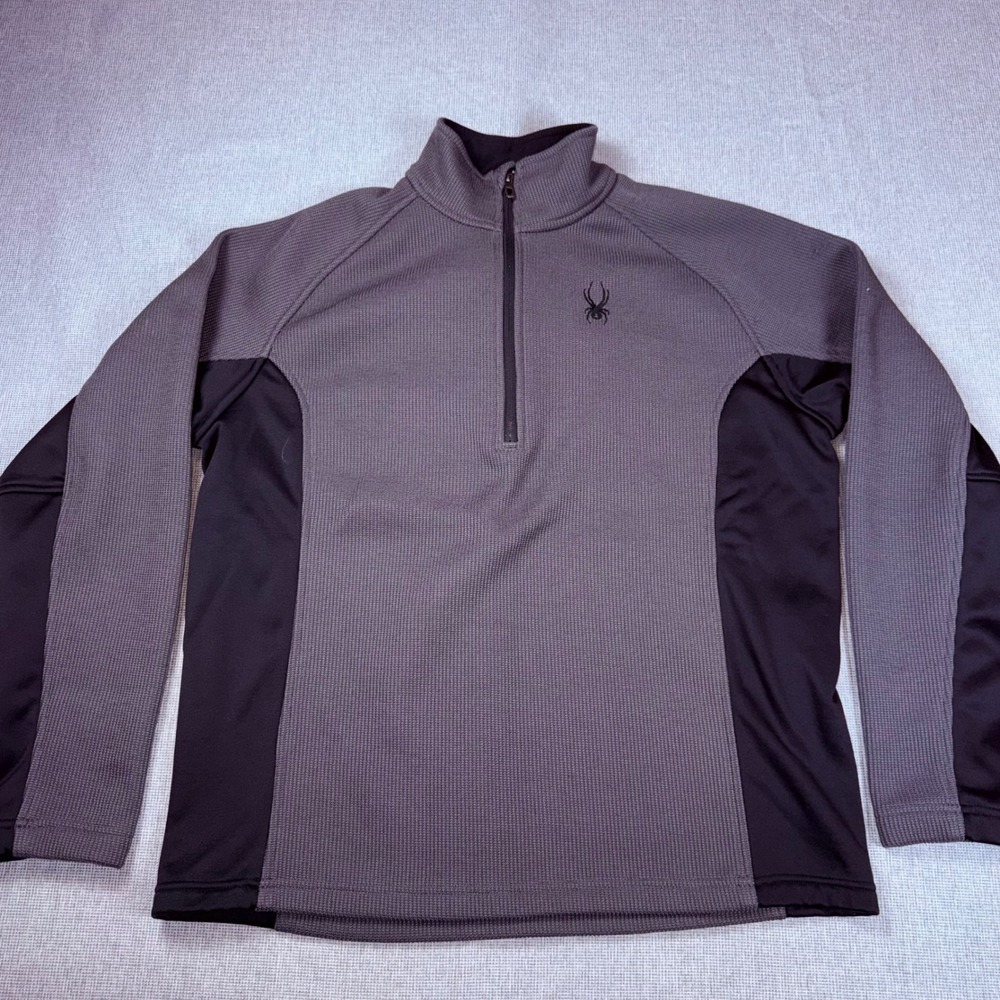 Spyder Mens Quarter Zip Pullover Waffle Knit Fleece Jacket Grey Black Large
